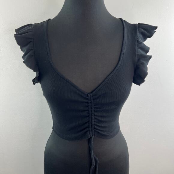 ZARA Black Cropped Top Tie-Up Deep V-Neck Ruffle Sleeve Pullover Size Medium M - Picture 3 of 8
